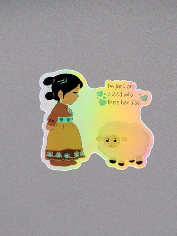 Navajo girl with lamb holo sticker| Atééd who loves her dibé holographic sticker